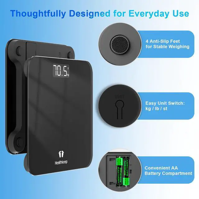 Alt view image 14 of 14 - Digital Bathroom Scale for Body Weight: High-Precision 4-Sensor Accuracy, LED Display, 400lb/180kg Capacity, Safe Rounded Corners, Batteries Included