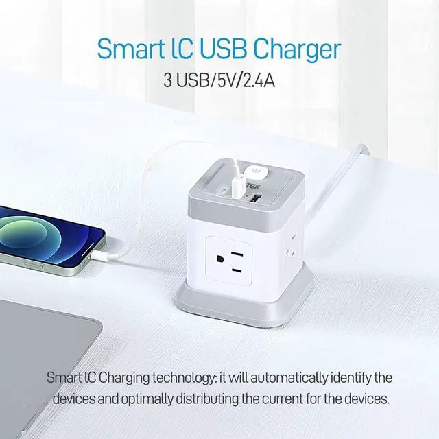 Alt view image 12 of 14 - Power Strip with USB, Flat Plug Extension Cord with 4 Outlets and 3 USB(1 USB C), 5 FT Power Cord Desktop Charging Station, Overload Protection, Compact Portable for Travel Home Office