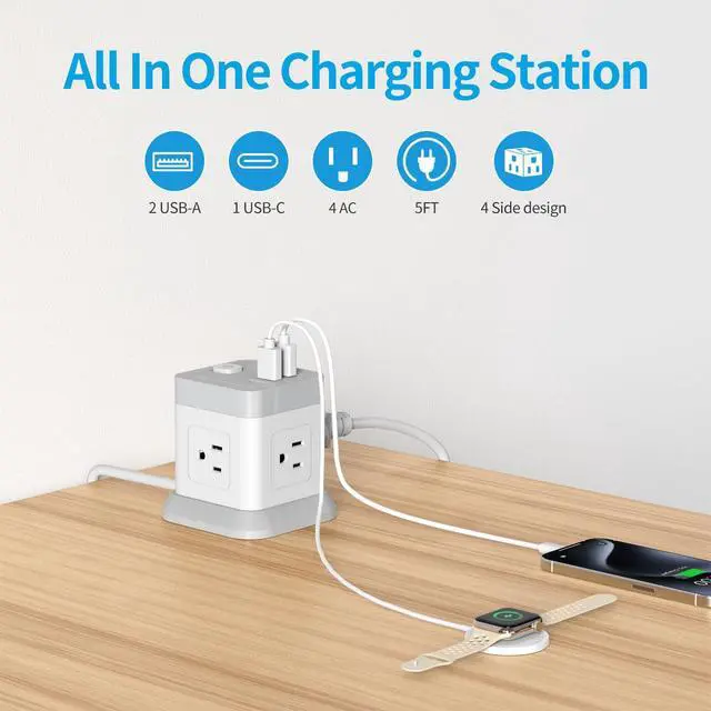 Alt view image 9 of 14 - Power Strip with USB, Flat Plug Extension Cord with 4 Outlets and 3 USB(1 USB C), 5 FT Power Cord Desktop Charging Station, Overload Protection, Compact Portable for Travel Home Office