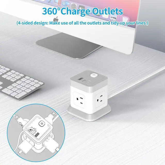 Alt view image 11 of 14 - Power Strip with USB, Flat Plug Extension Cord with 4 Outlets and 3 USB(1 USB C), 5 FT Power Cord Desktop Charging Station, Overload Protection, Compact Portable for Travel Home Office