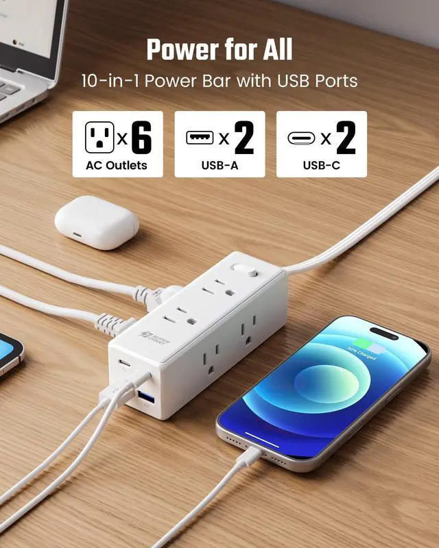 Alt view image 9 of 13 - 15 Ft Extension Cord with Multiple Outlets, Long Extension with 6 Outlets 4 USB Ports(2 USB C), Flat Plug Surge Protector Power Strip for Home, Office Supplies, Dorm Essentials