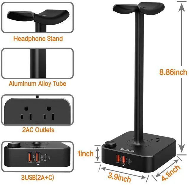 Alt view image 13 of 14 - Headphone Stand with USB Charger Desktop Gaming Headset Holder Hanger with 3 USB Charging Station and 2 Outlets Power Strip,Suitable for Gaming, DJ,Wireless Earphone Display, Gamer Gifts for Men