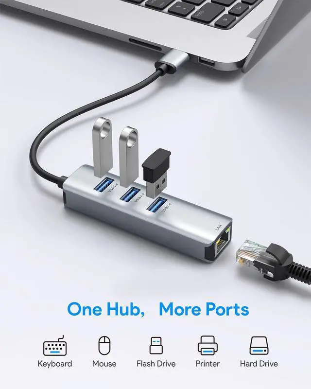 Alt view image 9 of 14 - USB 3.0 to Ethernet Adapter,3-Port USB 3.0 Hub with RJ45 10/100/1000 Gigabit Ethernet Adapter Support Windows 10,8.1,Mac OS, Surface Pro,Linux,Chromebook and More