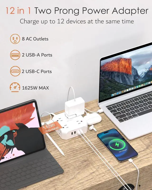 Alt view image 11 of 14 - 2 Prong Power Strip, 2 Prong to 3 Prong Outlet Adapter, 1400J Two Prong Surge Protector, 5ft Extension Cord, 8 AC Outlets with 2 USB C Port and 2 USB A Port, Wall Mountable, Ideal for Old House