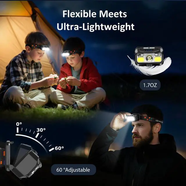 Alt view image 12 of 14 - Headlamp Rechargeable, Lumen Super Bright Motion Sensor Head Lamp Flashlight,2-Pack Waterproof LED Headlight with White Red Light,8 Modes Head Lights for Camping Cycling Running Fishing