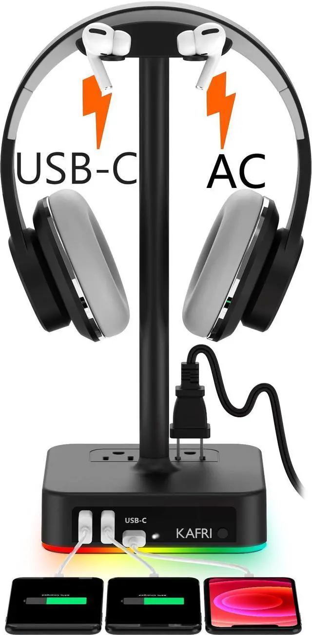 Alt view image 8 of 14 - RGB Headphone Stand with USB A&C Charger Desk Gaming Headset Holder Hanger Rack with 3 USB Charging Port and 2 Outlet - Suitable for Gamer Desktop Table Game Earphone Accessories Boyfriend Gifts