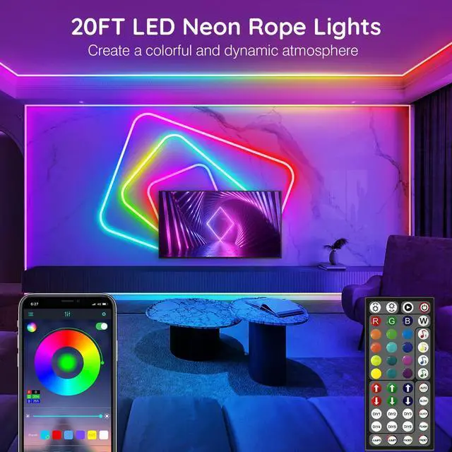 Alt view image 9 of 14 - 20Ft Neon Rope Lights,Flexible Led Rope Lights Control with App/Remote,Multiple Modes Music Sync Gaming RGB Led Neon Lights for Bedroom Outdoor