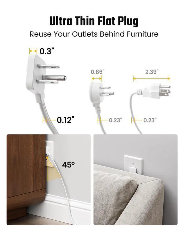 Alt view image 13 of 13 - 15 Ft Extension Cord with Multiple Outlets, Long Extension with 6 Outlets 4 USB Ports(2 USB C), Flat Plug Surge Protector Power Strip for Home, Office Supplies, Dorm Essentials