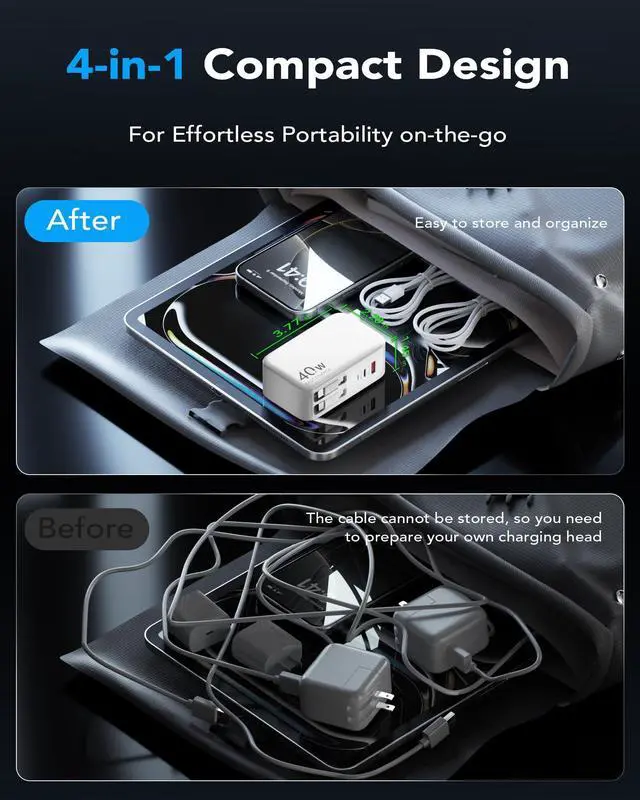 Alt view image 13 of 14 - Retractable USB C Charger Wall Plug with 35.5in/90cm Type C Cables Cords,40W Fast Charging Foldable Block Multi Charger for All Devices for iPhone 17/16/15/14/13/12,iPad,Galaxy,Pixel