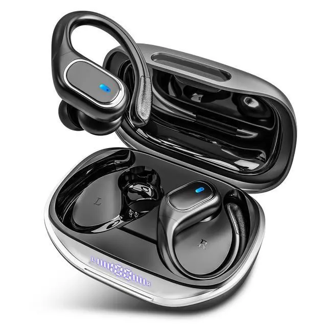 Alt view image 2 of 2 - Wireless Earbuds Bluetooth 5.3 Headphones with 80H Playback, IPX7 Waterproof Over Ear Buds with LED Power Display for Sports Running Workouts Gray Black
