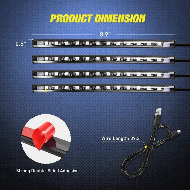 Alt view image 9 of 14 - 48 LEDs DC 5V Multicolor Music Car Strip Light Under Dash Lighting Kit with Sound Active Function and Wireless Remote Control, 2 Years Warranty, 4PCS USB Interior Lights