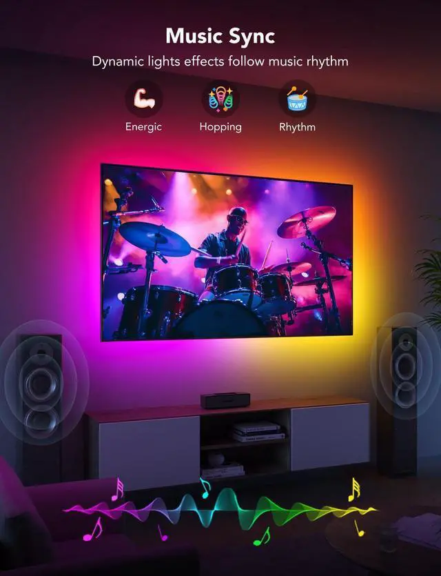 Alt view image 11 of 14 - TV LED Backlight Strip, RGBIC Smart LED Backlight for 40-50inch TVs, Music Sync, Wi-Fi Bluetooth & App Control, Works with Alexa & Google Assistant, 77 Scene Modes, Adapter