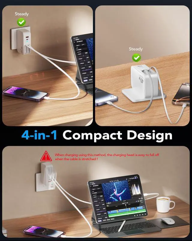 Alt view image 14 of 14 - Retractable USB C Charger Wall Plug with 35.5in/90cm Type C Cables Cords,40W Fast Charging Foldable Block Multi Charger for All Devices for iPhone 17/16/15/14/13/12,iPad,Galaxy,Pixel