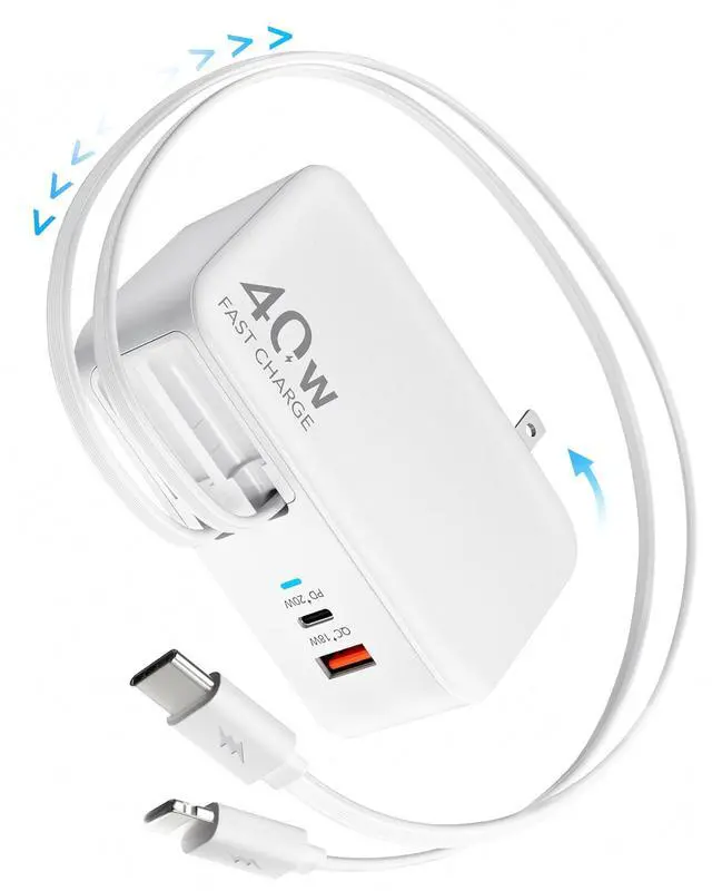 Alt view image 8 of 14 - Retractable USB C Charger Wall Plug with 35.5in/90cm Type C Cables Cords,40W Fast Charging Foldable Block Multi Charger for All Devices for iPhone 17/16/15/14/13/12,iPad,Galaxy,Pixel