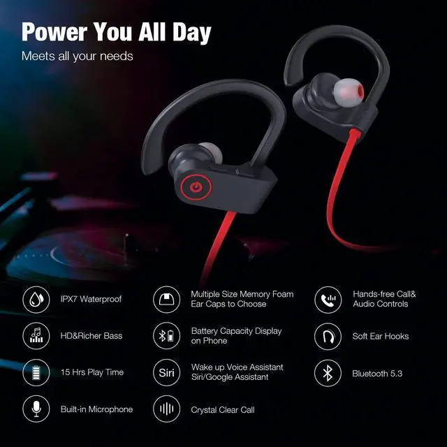 Alt view image 9 of 14 - Bluetooth Headphones Wireless Earbuds Bluetooth 5.3 Running Headphones IPX7 Waterproof Earphones with 16 Hrs Playtime Stereo Sound Isolation Headsets for Workout Gym