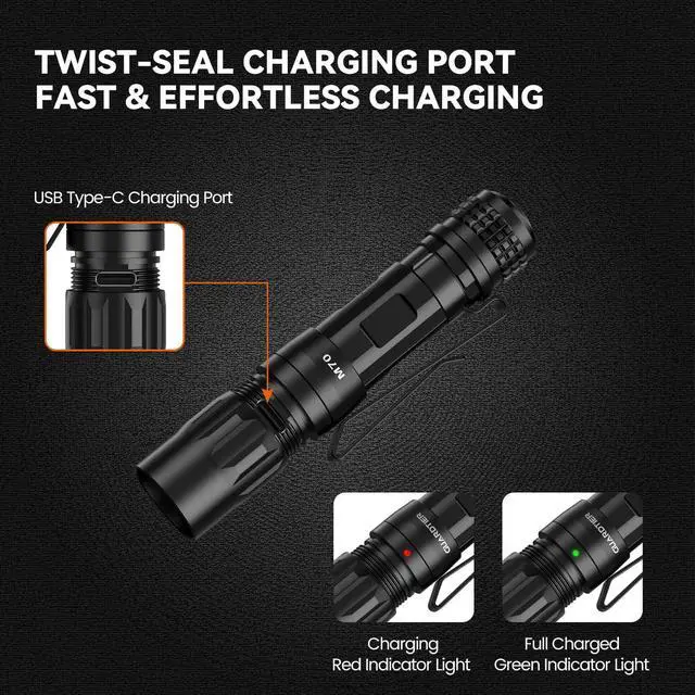 Alt view image 12 of 14 - M70 EDC Flashlight 1100 Lumens, USB-C Rechargeable Pocket Light with Clip, 5 Modes Compact LED Light for Camping, Hiking, Emergency (Black)