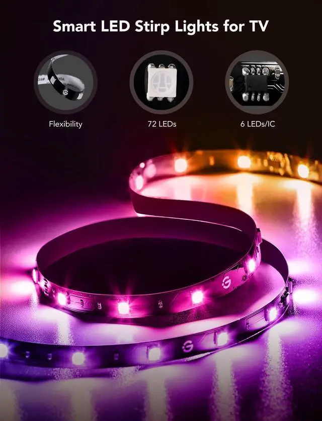 Alt view image 14 of 14 - TV LED Backlight Strip, RGBIC Smart LED Backlight for 40-50inch TVs, Music Sync, Wi-Fi Bluetooth & App Control, Works with Alexa & Google Assistant, 77 Scene Modes, Adapter