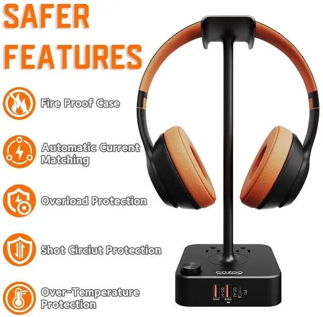 Alt view image 12 of 14 - Headphone Stand with USB Charger Desktop Gaming Headset Holder Hanger with 3 USB Charging Station and 2 Outlets Power Strip,Suitable for Gaming, DJ,Wireless Earphone Display, Gamer Gifts for Men