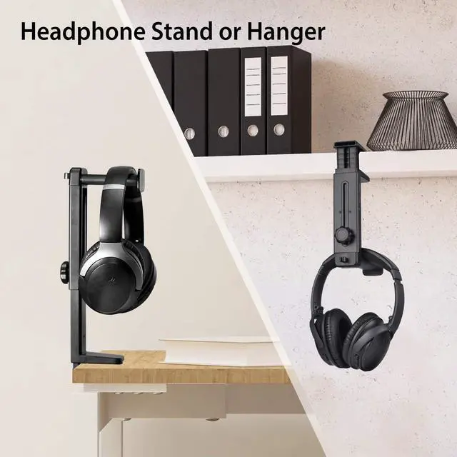 Alt view image 9 of 14 - HS906 Headphone Stand & Hanger 2 in 1, Above & Under Desk Gaming Headset Holder Mount Hook with Height Adjustable & Rotating Clamp, Earphone Rack with Cable Clip