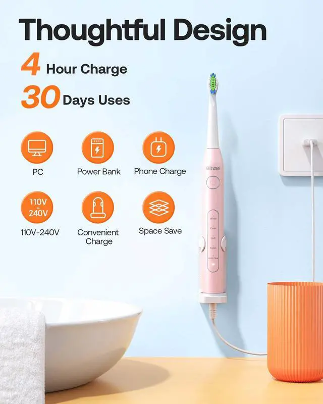 Alt view image 14 of 14 - Ultrasonic Electric Toothbrush - Rechargeable Sonic Electric Toothbrush for Adults and Kids, Power Toothbrush with Holder, 8 Brush Heads, Smart Timer, Fast Charge, Pink D2