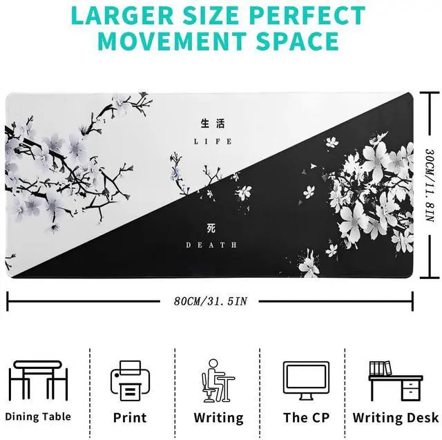 Alt view image 9 of 14 - Black and White Japanese Cherry Blossom Gaming Mouse Pad Sakura Death Life Flower Mat 31.5x11.8 Inch Texture Non-Slip Rubber Base Mousepad Stitched Edges Keyboard Desk Pad for Office Home Game