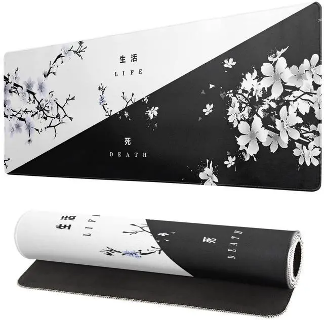 Alt view image 8 of 14 - Black and White Japanese Cherry Blossom Gaming Mouse Pad Sakura Death Life Flower Mat 31.5x11.8 Inch Texture Non-Slip Rubber Base Mousepad Stitched Edges Keyboard Desk Pad for Office Home Game