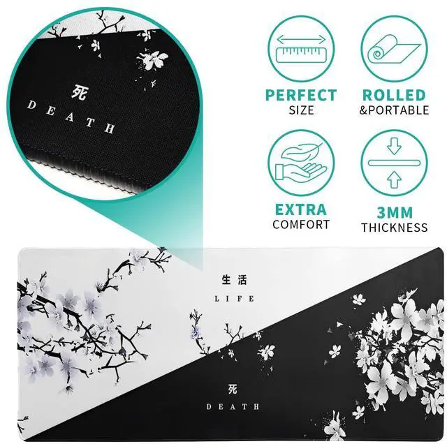 Alt view image 12 of 14 - Black and White Japanese Cherry Blossom Gaming Mouse Pad Sakura Death Life Flower Mat 31.5x11.8 Inch Texture Non-Slip Rubber Base Mousepad Stitched Edges Keyboard Desk Pad for Office Home Game