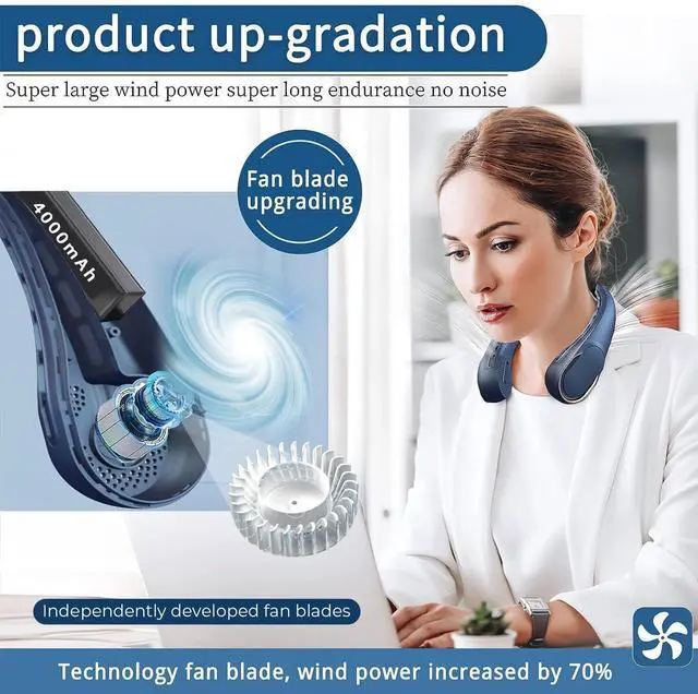 Alt view image 8 of 12 - Neck Fan, USB Rechargeable Personal Fan, 4000 mAh Battery Operated, 3 Speeds Adjustable, Faster Cooling, Ultra Quiet, Suitable for Home, Office, Travel, Sports