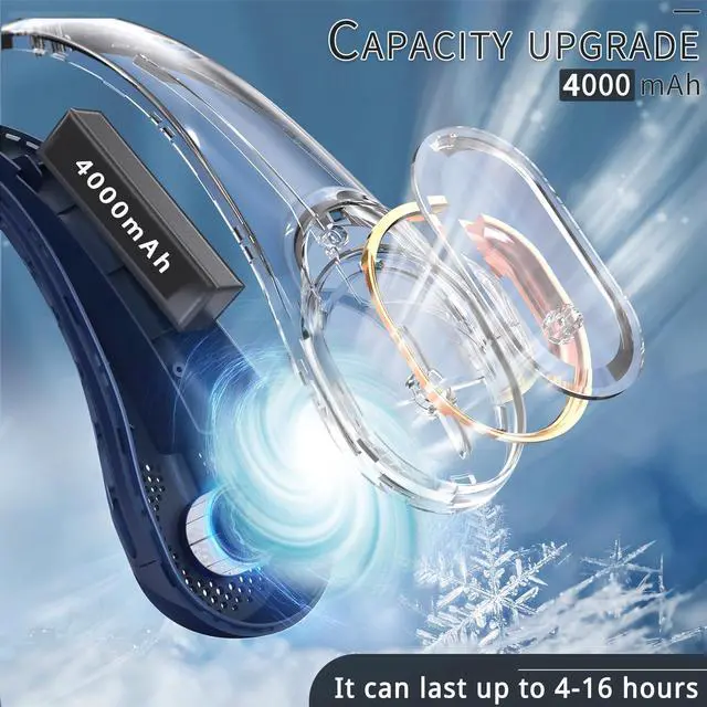 Alt view image 10 of 12 - Neck Fan, USB Rechargeable Personal Fan, 4000 mAh Battery Operated, 3 Speeds Adjustable, Faster Cooling, Ultra Quiet, Suitable for Home, Office, Travel, Sports