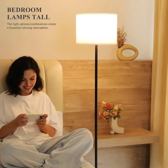 Alt view image 11 of 14 - Modern Floor Lamp Simple Design with White Shade, Foot Pedal Switch, 60" Small Tall Lamps for Living Room Bedroom Office Dining Room Kitchen, Black Pole Lamp(Without Bulb)