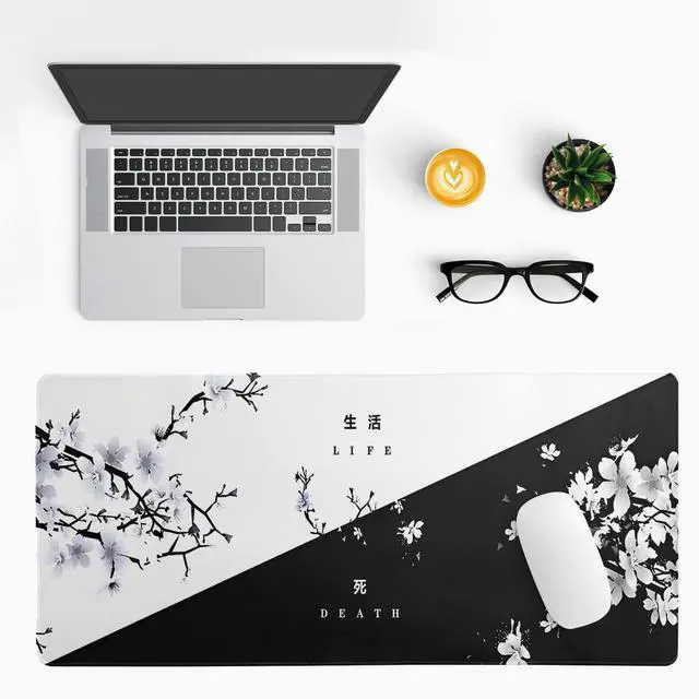 Alt view image 10 of 14 - Black and White Japanese Cherry Blossom Gaming Mouse Pad Sakura Death Life Flower Mat 31.5x11.8 Inch Texture Non-Slip Rubber Base Mousepad Stitched Edges Keyboard Desk Pad for Office Home Game