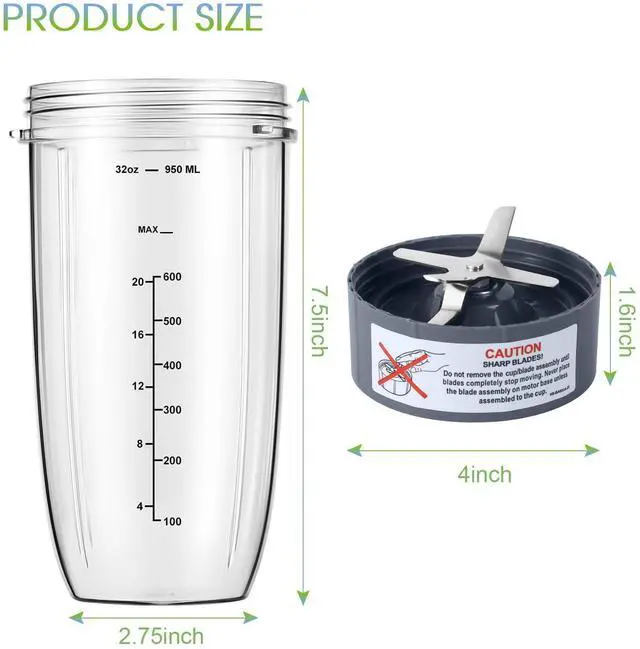 Alt view image 12 of 14 - New Blender Cup and Blade Replacement Parts 32oz Cup and Extractor Blade and 2 Rubber Gaskets 4-Piece Compatible with NutriBullet High-Speed Blender/Mixer System 600W/900W Series