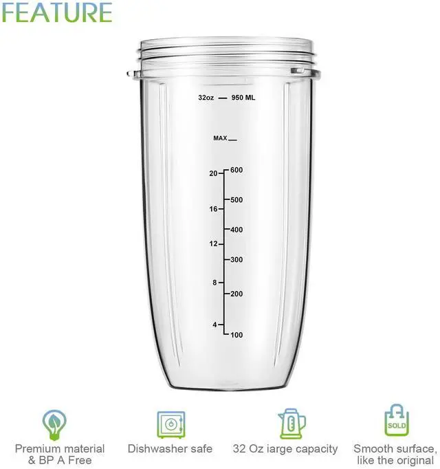 Alt view image 9 of 14 - New Blender Cup and Blade Replacement Parts 32oz Cup and Extractor Blade and 2 Rubber Gaskets 4-Piece Compatible with NutriBullet High-Speed Blender/Mixer System 600W/900W Series