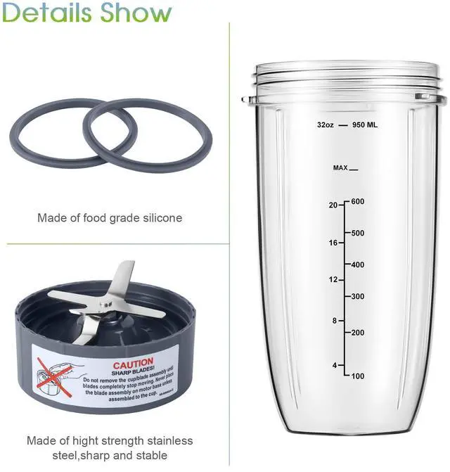 Alt view image 10 of 14 - New Blender Cup and Blade Replacement Parts 32oz Cup and Extractor Blade and 2 Rubber Gaskets 4-Piece Compatible with NutriBullet High-Speed Blender/Mixer System 600W/900W Series