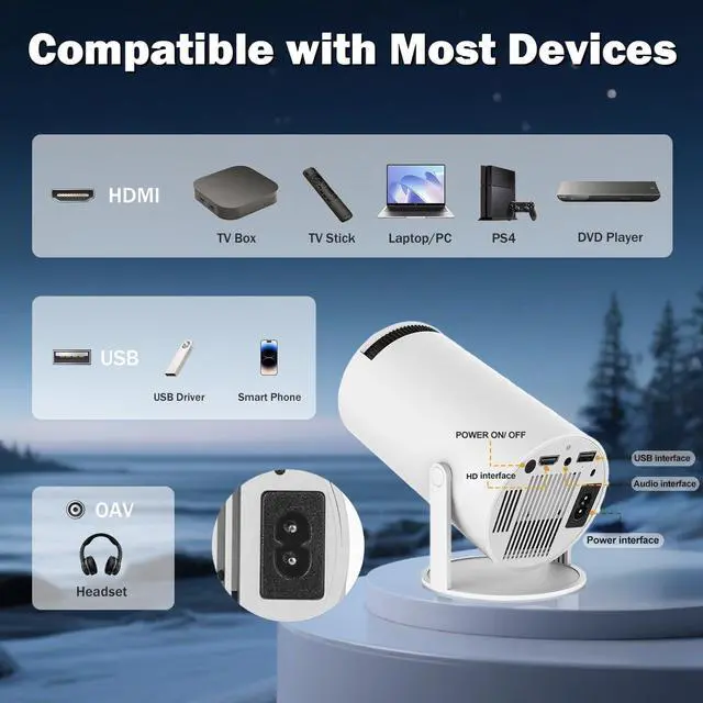 Alt view image 13 of 14 - Mini Projector Support 1080P, 200 Ansi Outdoor & Home Movie Portable Projector with Wifi6 and 5.0 Bluetooth, Automatic Keystone Correction, 180°Rotatable, Compatible with HDMI USB PC Laptop