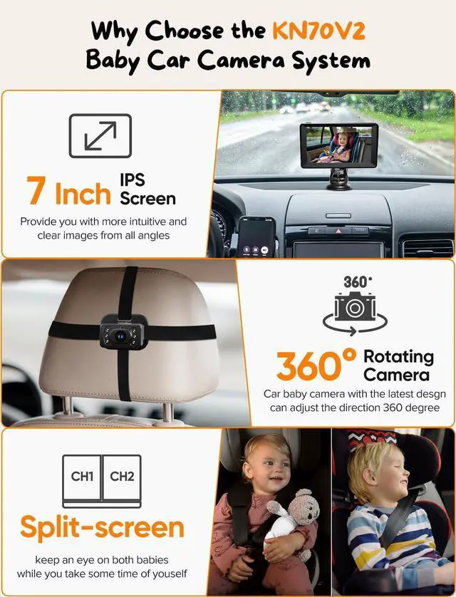 Alt view image 9 of 14 - Baby Car Camera for 2 Kids - 7 Inch HD1080P Split Screen Baby Monitor with Dual Backseat Camera 150° Wide View & 360° Rotatable, Night Vision Easy Install, Rear-Facing Baby Car Mirror