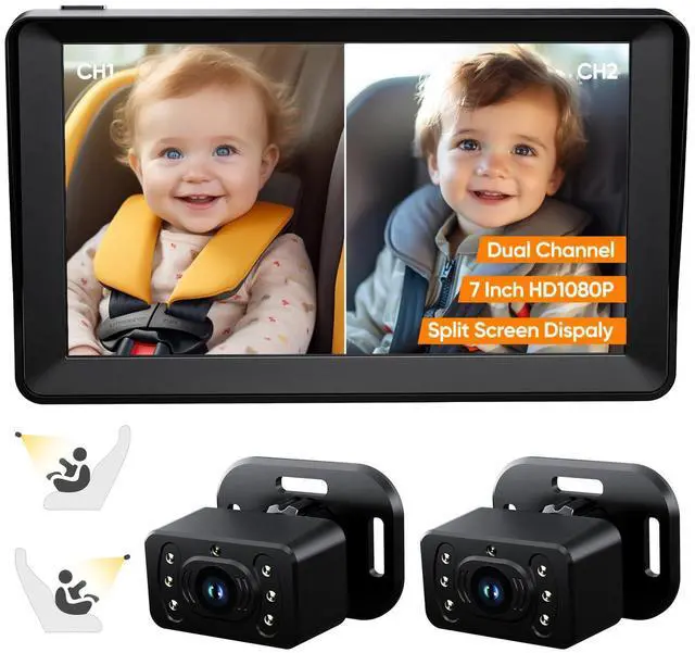 Alt view image 8 of 14 - Baby Car Camera for 2 Kids - 7 Inch HD1080P Split Screen Baby Monitor with Dual Backseat Camera 150° Wide View & 360° Rotatable, Night Vision Easy Install, Rear-Facing Baby Car Mirror