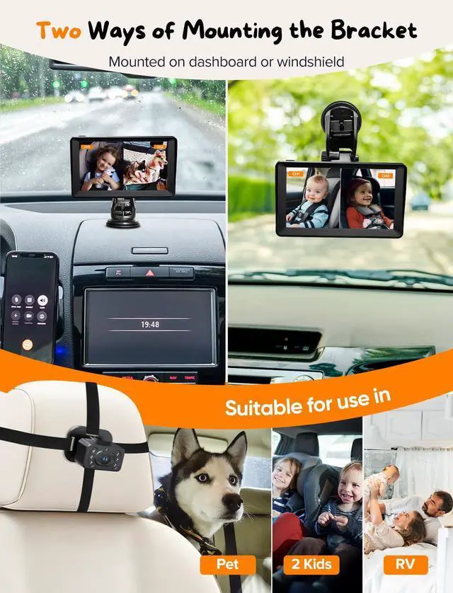 Alt view image 13 of 14 - Baby Car Camera for 2 Kids - 7 Inch HD1080P Split Screen Baby Monitor with Dual Backseat Camera 150° Wide View & 360° Rotatable, Night Vision Easy Install, Rear-Facing Baby Car Mirror