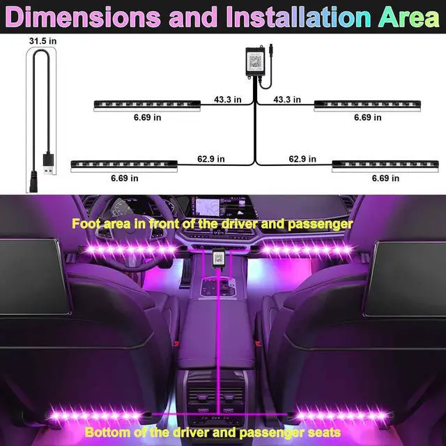 Alt view image 10 of 14 - Car Interior Lights, 5V LED Strip Lights with USB Adapter, Ambient Lighting Car Accessories, App & Remote Control Music Sync Color Change Lights for Truck Car Decor (36LED Beads)