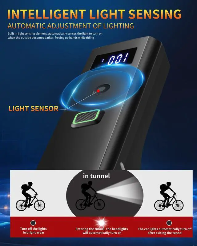 Alt view image 10 of 14 - Bike Light, High Lumens Super Bright Bicycle Front Headlight USB Rechargeable, Waterproof Cycling Lights 4-Mode for Night Riding, Road, Mountain, Safety, with LED Display & Light Sensor