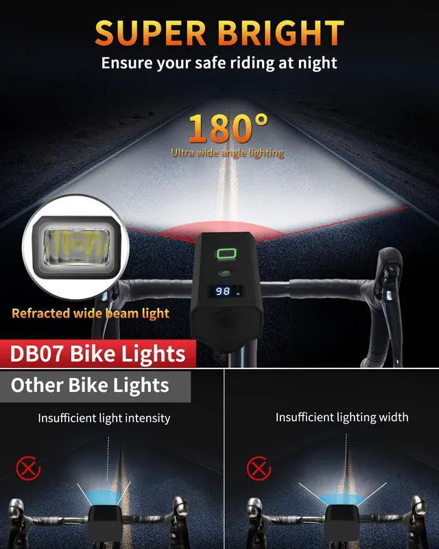 Alt view image 9 of 14 - Bike Light, High Lumens Super Bright Bicycle Front Headlight USB Rechargeable, Waterproof Cycling Lights 4-Mode for Night Riding, Road, Mountain, Safety, with LED Display & Light Sensor