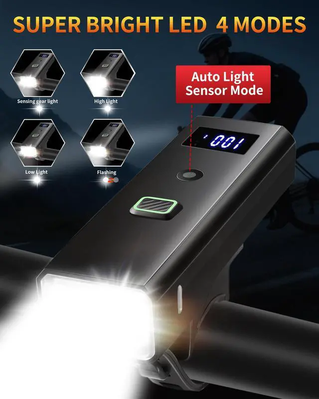 Alt view image 12 of 14 - Bike Light, High Lumens Super Bright Bicycle Front Headlight USB Rechargeable, Waterproof Cycling Lights 4-Mode for Night Riding, Road, Mountain, Safety, with LED Display & Light Sensor