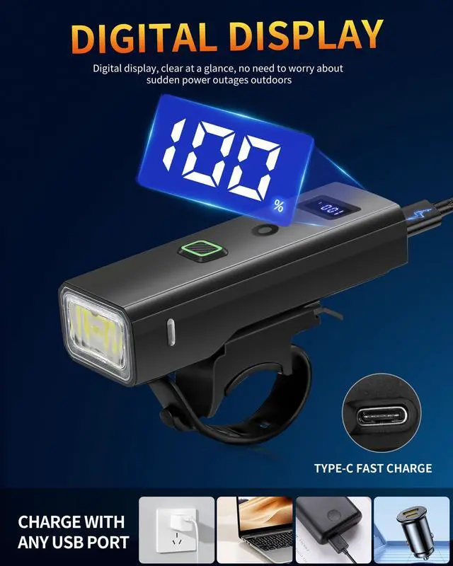 Alt view image 13 of 14 - Bike Light, High Lumens Super Bright Bicycle Front Headlight USB Rechargeable, Waterproof Cycling Lights 4-Mode for Night Riding, Road, Mountain, Safety, with LED Display & Light Sensor