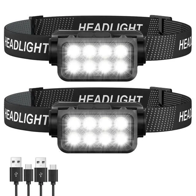 Alt view image 8 of 14 - Rechargeable Headlamp Flashlight 2-Pack, 8 LED 2500 Lumen Ultra-Light Bright Headlight, Waterproof Lightweight Head Lamp for Adult Kid, Headlamps for Outdoor Camping Running Fishing
