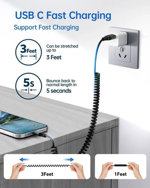Alt view image 9 of 14 - USB C Cable for Car 3FT, Coiled USB A to USB C Fast Charging Cable, USB-C Cable Compatible with iPhone 17/16/15/Samsung Galaxy S20 S10 S9 S8 Plus Note 10 9 8 and More USB C Devices