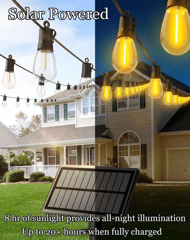 Alt view image 10 of 14 - 50ft-Solar-Powered-Lights-Outdoor-Waterproof-String Lights-Outside-Patio-Yard-Garden-Fence-Backyard-Deck-Porch-Balcony-Patios-Camping-Battery-Operated-LED-Fairy-Strip-Lighting-Hanging-Edison-Bulbs-S14