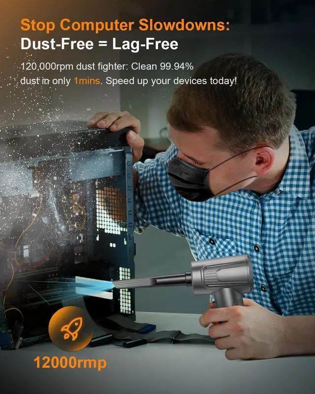 Alt view image 9 of 14 - 11-in-1 Compressed Air Duster, 3-Gear Adjustable 120000 RPM Electric Air Duster with LED Light, Reusable no Canned Keyboard Cleaner for Office, 9000mAh Cordless Air Duster for Computer/Car