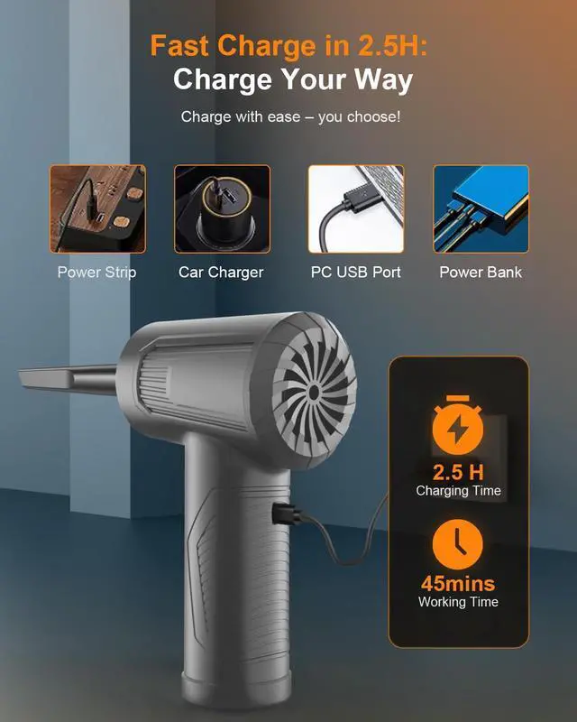 Alt view image 14 of 14 - 11-in-1 Compressed Air Duster, 3-Gear Adjustable 120000 RPM Electric Air Duster with LED Light, Reusable no Canned Keyboard Cleaner for Office, 9000mAh Cordless Air Duster for Computer/Car