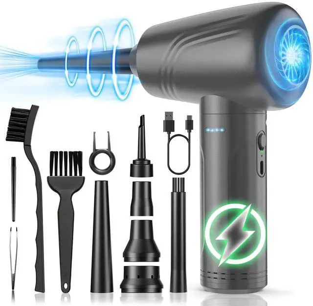 Alt view image 8 of 14 - 11-in-1 Compressed Air Duster, 3-Gear Adjustable 120000 RPM Electric Air Duster with LED Light, Reusable no Canned Keyboard Cleaner for Office, 9000mAh Cordless Air Duster for Computer/Car