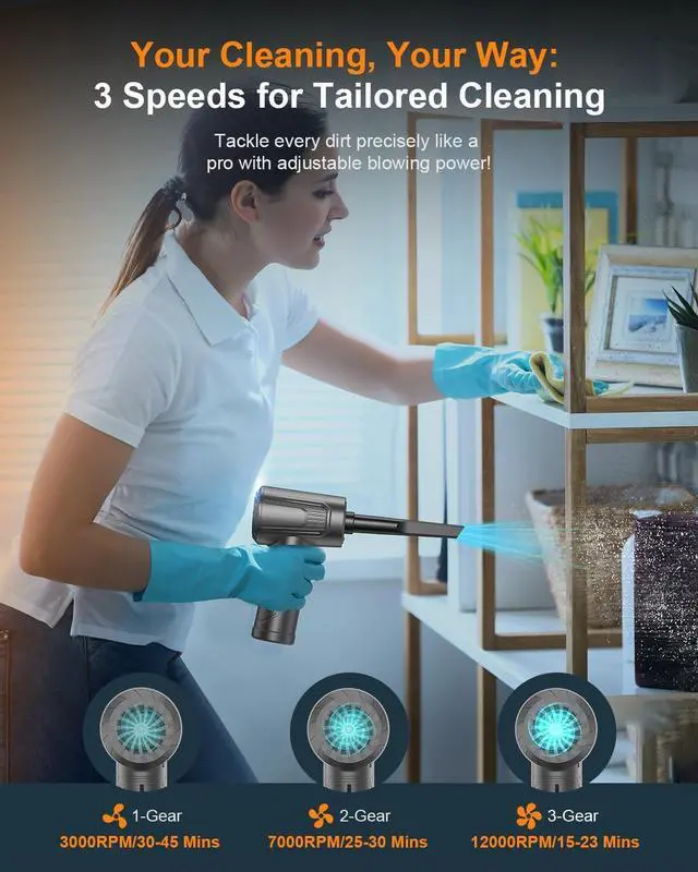 Alt view image 11 of 14 - 11-in-1 Compressed Air Duster, 3-Gear Adjustable 120000 RPM Electric Air Duster with LED Light, Reusable no Canned Keyboard Cleaner for Office, 9000mAh Cordless Air Duster for Computer/Car